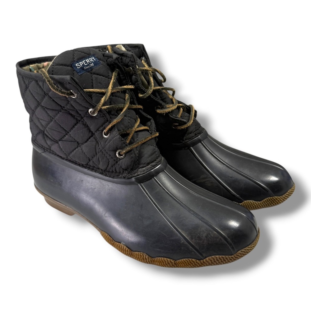 Sperry Saltwater Black Quilted Duck Boots Waterproof Ankle STS94063 Womens 9 M